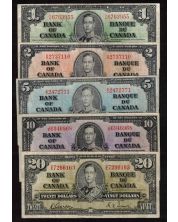 1937 Canada $1 $2 $5 $10 $20 note set mixed signatures and prefix 5-notes FINE