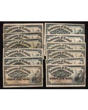 12x 1900 Canada 25 Cent banknotes F and VF