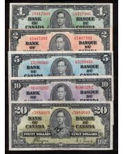 1937 Canada $1 $2 $5 $10 $20 banknote set all Coyne Towers all VF