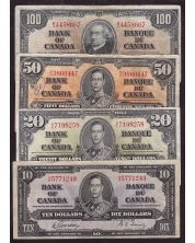 1937 Canada $100 $50 $20 $10 banknotes 4-notes FINE or better