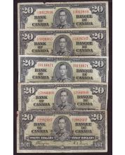 5x 1937 Canada $20 banknotes Coyne Towers 5-notes all circulated with damage