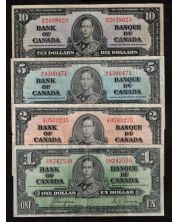 1937 Canada $1 $2 $5 $10 banknote set all mixed signatures and prefix all VG+