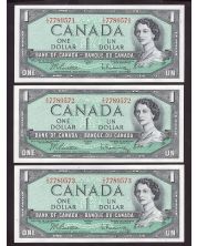 3x 1954 Canada $1 consecutive notes Beattie Rasminsky I/O7789571-73 CH UNC+