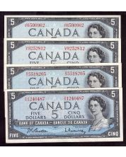 4x 1954 Canada $5 banknotes 4-notes Choice EF to Choice AU