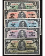 1937 Canada $1 $2 $5 $10 $20 banknote set all Coyne Towers all VF