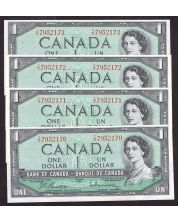 4x 1954 Canada $1 consecutive notes Beattie Rasminsky I/O7952170-73 CH UNC