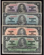 1937 Canada $1 $2 $5 $10 banknote set mixed signatures and prefix all FINE