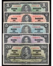 1937 Canada $1 $2 $5 $10 $20 banknote set all Coyne Towers all VF