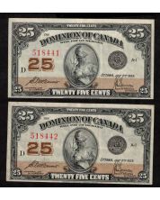 2x 1923 Canada 25 Cent consecutive banknotes DC-24c 518441-518442 EF+