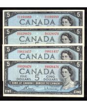 4 x Canada $5 banknotes Assorted prefix and signatures 4-banknotes EF+