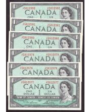 6x 1954 Canada $1 consecutive notes Lawson Bouey Y/F5812977-82 CH UNC