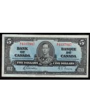 1937 Canada $5 banknote Gordon Towers S/C 4337947 nice EF+