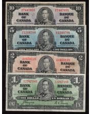 1937 Canada $1 $2 $5 $10 banknote set mixed signatures and prefix almost FINE