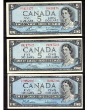 3 x Canada $5 banknotes Assorted prefix and signatures 3-banknotes Choice AU