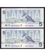 2x 1986 Canada $5 consecutive notes Knight Dodge ANT5703223-24 Choice UNC