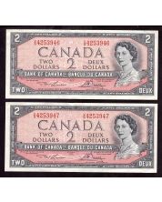 2x 1954 Canada $2 consecutive notes Lawson Bouey V/G 4253946-47 EF+