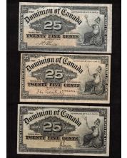 3x 1900 Canada 25 Cent banknotes Boville Courtney and Saunders FINE+