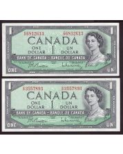 2x 1954 Canada $1 banknotes Beattie Rasminsky F/P3557893 F/P6812613 EF/AU