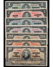 1937 Canada banknote set $1 $2 $5 $10 $20 $50* $100 7-notes a/VF