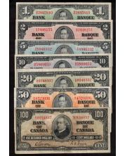 1937 Canada banknote set $1 $2 $5 $10 $20 $50 $100 7-notes FINE and VF