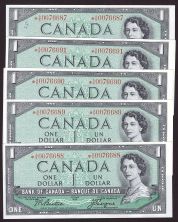 5x 1954 Canada $1 replacement banknotes BC37aA *A/A0076687-91 AU+ to UNC+