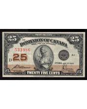 1923 Canada 25 Cent banknote McCavour Saunders 522986 DC-25c Choice EF+