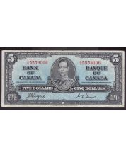 1937 Canada $5 banknote Gordon Towers OA/S5559006 VF