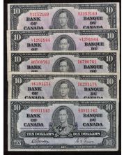 5x 1937 Canada $10 banknotes 5-notes all VF