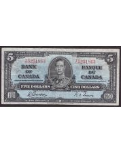 1937 Canada $5 note Gordon Towers T/C5251863 VF