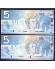 2x 2001 Canada $5 consecutive notes AOB2530440-41 BC-62aA Choice UNC