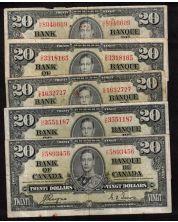 5x 1937 Canada $20 banknotes mixed signatures/prefix circulated some damaged