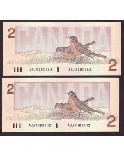 2X 1986 Canada $2 consecutive notes Crow Bouey AUJ9480142 CH UNC+