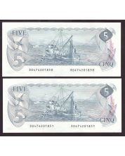 2x 1979 Canada consecutive $5 banknotes Crow Bouey 30474201850-51 CH UNC