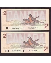 2X 1986 Canada $2 consecutive notes Crow Bouey AUJ9282735-36b CH UNC+