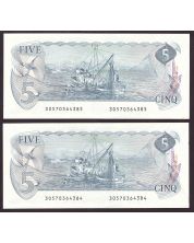 2x 1979 Canada consecutive $5 banknotes Crow Bouey 30570364384-85 UNC