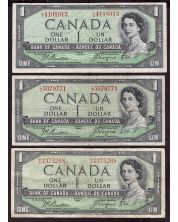 3x 1954 Canada $1 devils face notes L/A4198913 L/A5079771 M/A1375268 F+