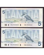 2x 1986 Canada $5 consecutive note Crow Bouey ENL9035525-26 BC-56a AU/UNC