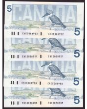 4x 1986 Canada $5 consecutive note Crow Bouey ENC5088949-52 BC56a CH UNC