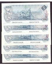 5x 1979 Canada $5 notes Lawson Bouey Prefix #s 300 301 302 303 304 CH UNC