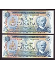 2X 1972 Canada $5 consecutive notes Lawson Bouey SV5131023-24 CH UNC