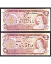 2x 1974 Canada $2 consecutive notes Lawson Bouey AGD2747329-30 CH UNC+