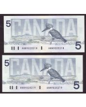 2x 1986 Canada $5 consecutive notes Knight Theissen ANN9025218-9 CH UNC