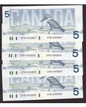 4x 1986 Canada $5 consecutive notes Bonin Thiessen GPN 1485884-87 CH UNC