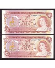 2x 1974 Canada $2 consecutive notes Lawson Bouey AGH6691709-10 CH UNC+