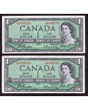 2x 1954 Canada $1 banknotes J/M6449549-50 Dark obverse Ink CH AU/UNC