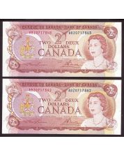 2x 1974 Canada $2 consecutive notes Lawson Bouey ABZ0717542-43 CH UNC+