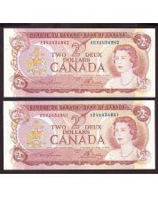 2x 1974 Canada $2 consecutive notes Lawson Bouey ABV6436841-42 CH UNC+