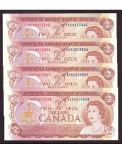 4x 1974 Canada $2 consecutive banknotes Crow Bouey AGK0313395-98 CH UNC+