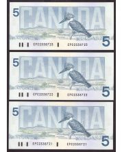 3x 1986 Canada $5 consecutive notes Crow Bouey BBPN EPC2338721-23 CH UNC