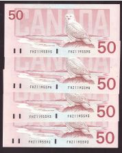 4X 1988 Canada $50 Snowy Owl consecutive notes FHZ1195592-95 GEM UNC